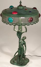 LARGE ART NOUVEAU FIGURAL JEWELED LAMP, C. 1900