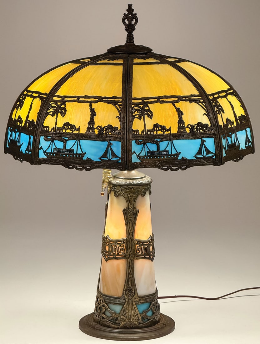STATUE OF LIBERTY SLAG GLASS LAMP, C. 1920 (1 of 4)