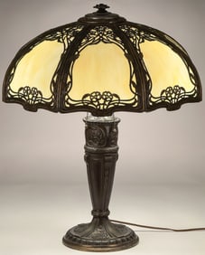 AMERICAN GILT METAL AND SLAG GLASS TABLE LAMP