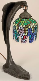 INTERESTING BRONZE BIRD FORM DESK LAMP & LEADED