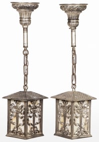 PAIR OF SILVER SLAG GLASS HANGING LAMPS