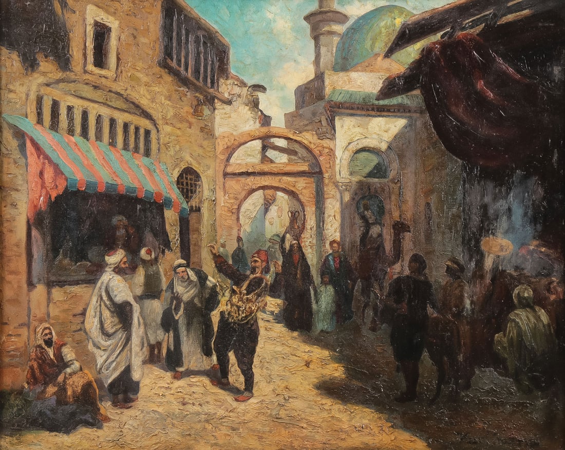 SIGNED ARAB STREET SCENE PAINTING, C. 1890: GERMAN SCHOOL (19th century)Moroccan Street Scene Oil on canvasIndistinguishably signed lower right (see illustration)21.75 x 27 inches (55.2 x 68.6cm), overall including gilt frame 29 x 34.25 inches