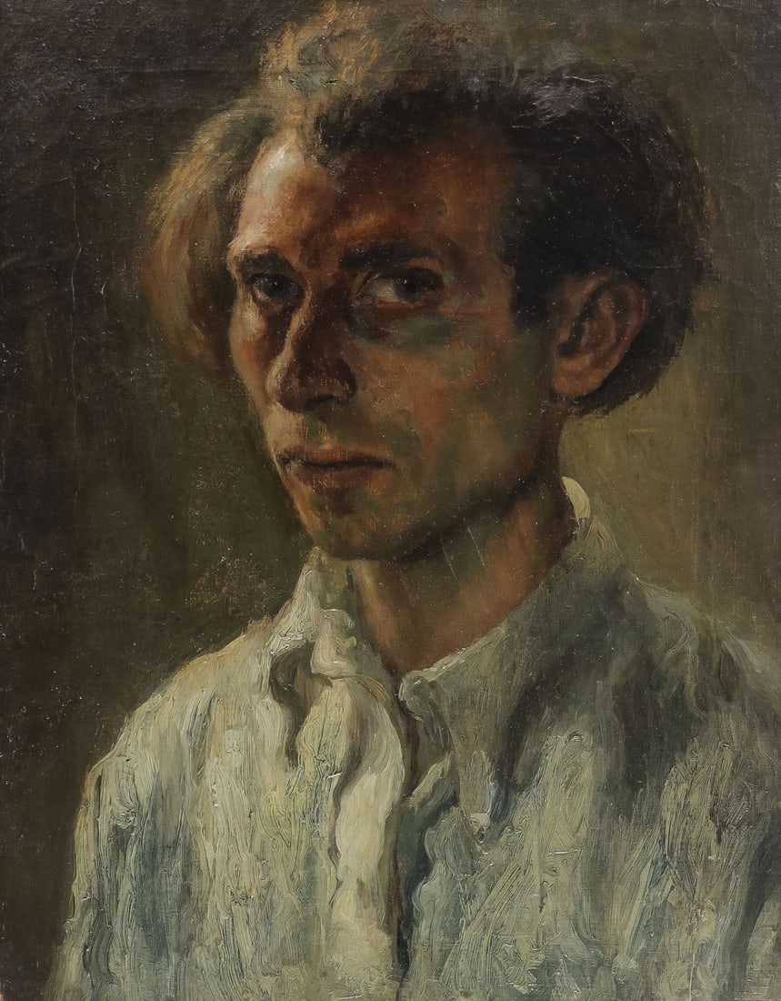 INTERESTING MUNICH SCHOOL PORTRAIT, C. 1943: GERMAN SCHOOL (20th century)Likely a Self Portrait - 1943Oil on canvasIndistinguishably inscribed in pencil on verso of stretcher & dated 194318.5 x 14.25 inches (46.99 x 36.20cm), unframed