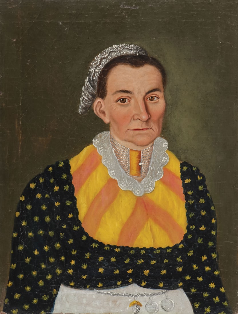 CHARMING PROVINCIAL PORTRAIT, C. 1840: CONTINENTAL SCHOOL (19th century) Portrait of Woman with Lace and Striped Yellow & Orange Bib Oil on canvasUnsigned16 x 12.2 inches (40.6 x 31cm), unframedSHIPPING NOTICE:
