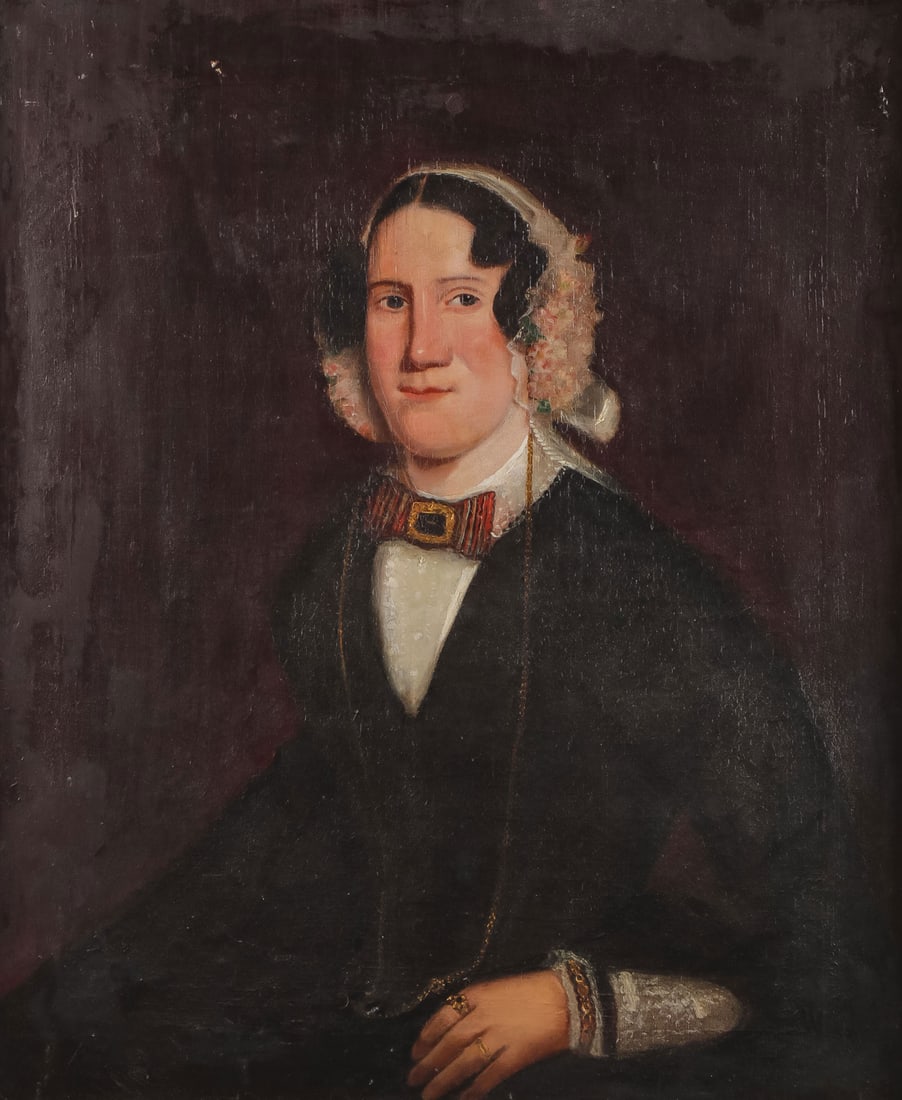 PORTRAIT OF MRS. THOMAS FIELD 1848: ENGLISH SCHOOL (19th century) Portrait of a Seated Woman - 1848 Oil on canvas Apparently unsigned, inscribed on stretcher "MRS. FIELD 1848" 30 x 25 inches, overall contained in frame 34.5 x 29.5 inche