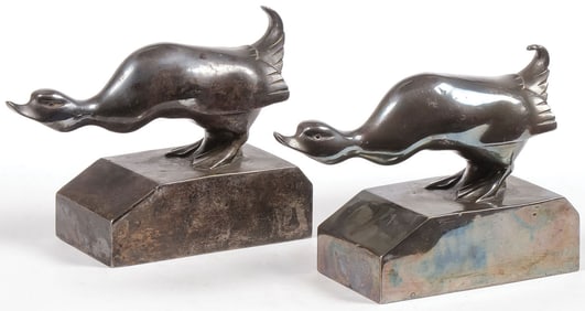 SIGNED ART DECO SILVERED BRONZE BOOKENDS