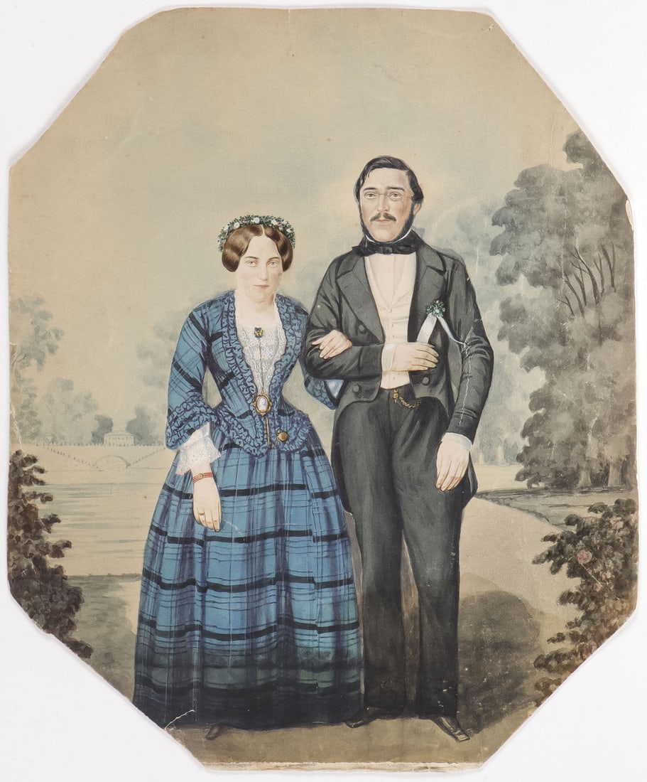 19TH CENTURY WEDDING PAINTING: GERMAN SCHOOL (19th century) Portrait of a Husband and Wife in Formal Dress - circa1850Watercolor on octagonal paperInscribed on verso with sitters' names10.25 x 8.5 inches (26 x 21.5cm), unframed