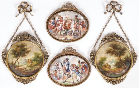 FOUR FRAMED MINIATURE PAINTINGS & PORCELAIN