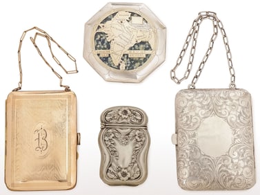 FOUR VINTAGE COMPACTS, PURSES AND A CASE
