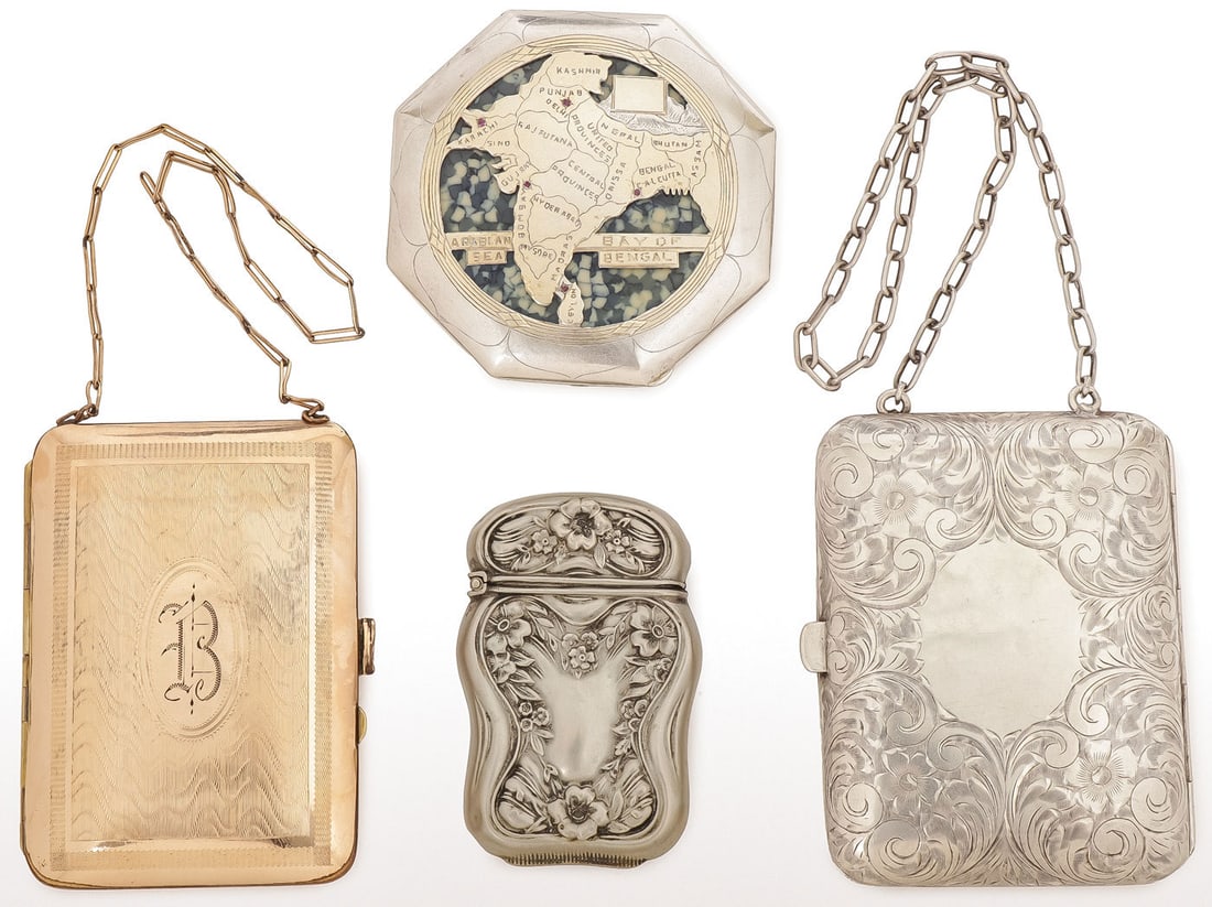 FOUR VINTAGE COMPACTS, PURSES AND A CASE (1 of 3)