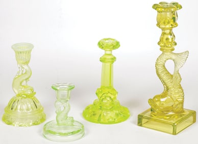 URANIUM GLASS DOLPHIN CANDLESTICKS