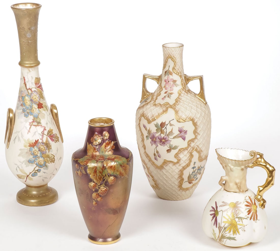 MIXED EUROPEAN HAND PAINTED CERAMICS, C. 1890: MIXED EUROPEAN HAND PAINTED CERAMICS, C. 1890. Comprising four individual pieces. From left to right, a Royal Bonn gilt and floral decorated vase, a Royal Bonn luster and gilt decorated vase, a Royal