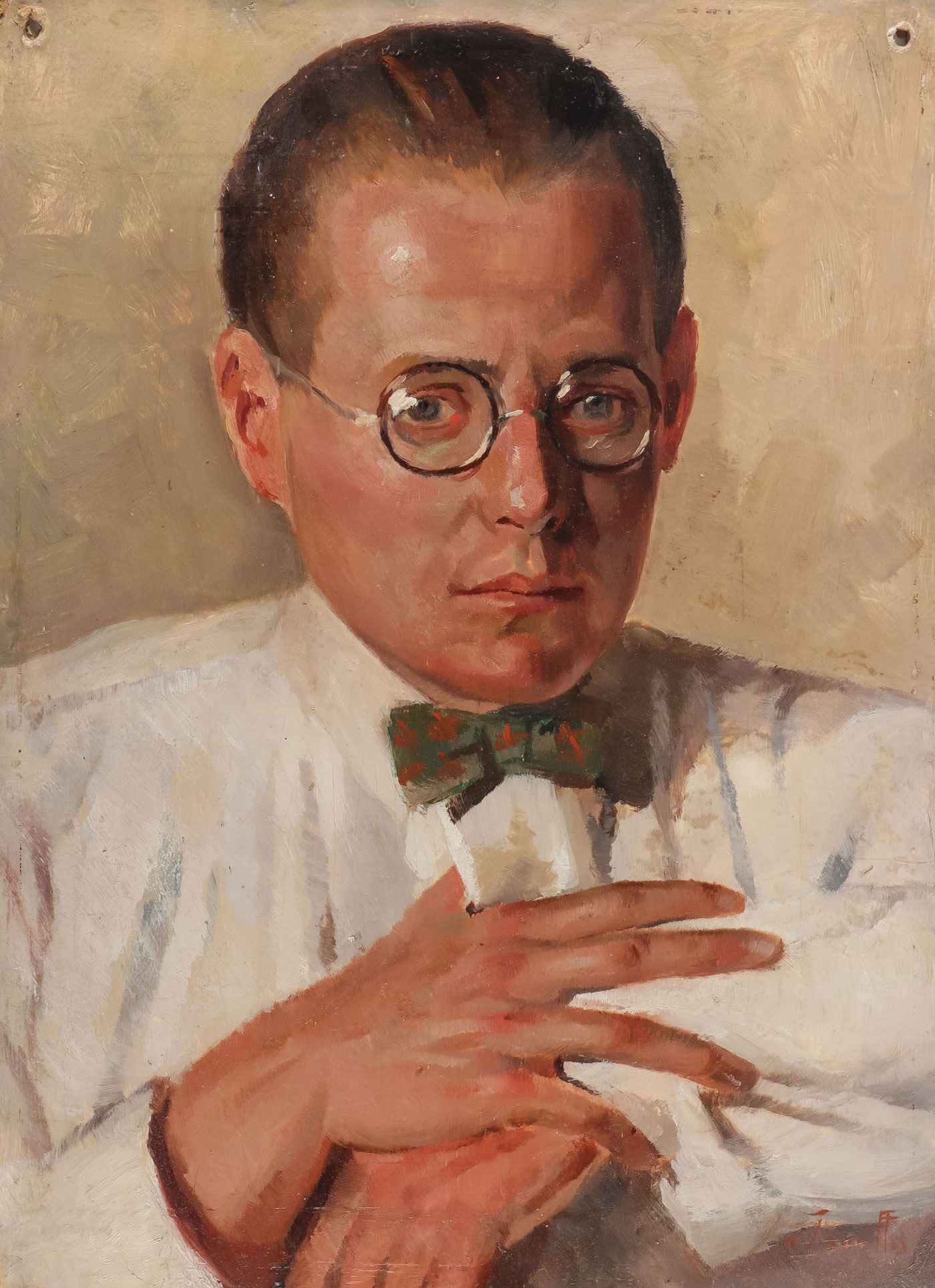 SIGNED BULGARIAN PORTRAIT DATED 1925: KYRIL ZONEFF (Bulgarian 1896-1961) Portrait of a Man with Glasses and Bowtie - 1925 Oil on artist board Signed and dated lower right "K. Zoneff 25" 18.1 x 13.4 inches (46 x 34cm), unframed