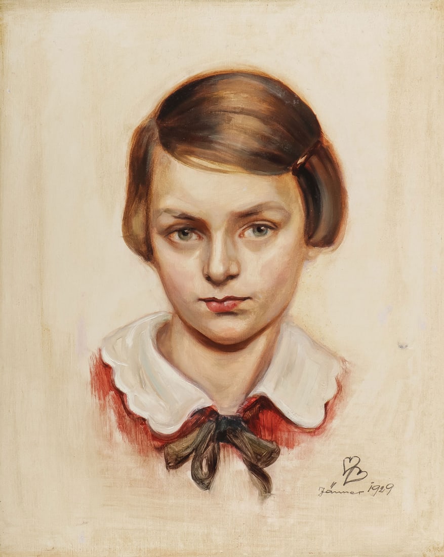 CHARMING SIGNED PAINTING DATED 1929: GERMAN SCHOOL (20th century)Portrait of a Young Girl - 1929Oil on boardSigned and dated lower right "Fanner? 1929"17.9 x 14.5 inches (45.5 x 36.75cm), unframedSHIPPING NOTICE: