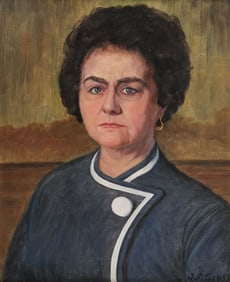 SIGNED PAINTING OF STERN WOMAN, C. 1950