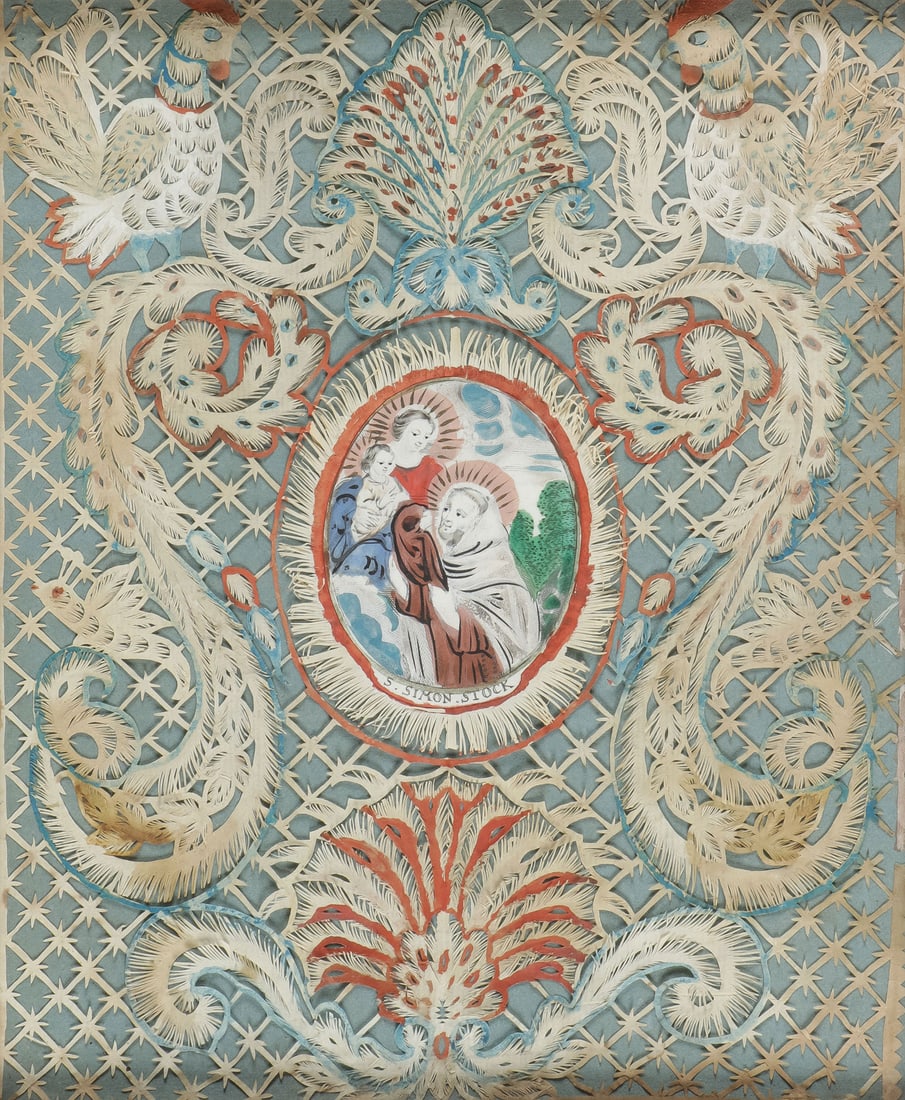 CHARMING CANIVET FRAMED DEVOTIONAL PAINTING: CHARMING CANIVET FRAMED DEVOTIONAL PAINTING. Comprising a 18th century canivet (cutout silhouette) framed devotional painting. At center, an image of Saint Simon Stock and the Virgin and Child surroun