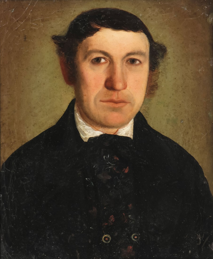 19TH CENTURY PORTRAIT: GERMAN SCHOOL (19th century)Portrait of a Man in a Floral Vest - circa 1880Oil on canvas laid down Apparently unsigned15 x 12.2 inches (38 x 31cm), overall including frame 18 x 15.25 inches (45.7 x