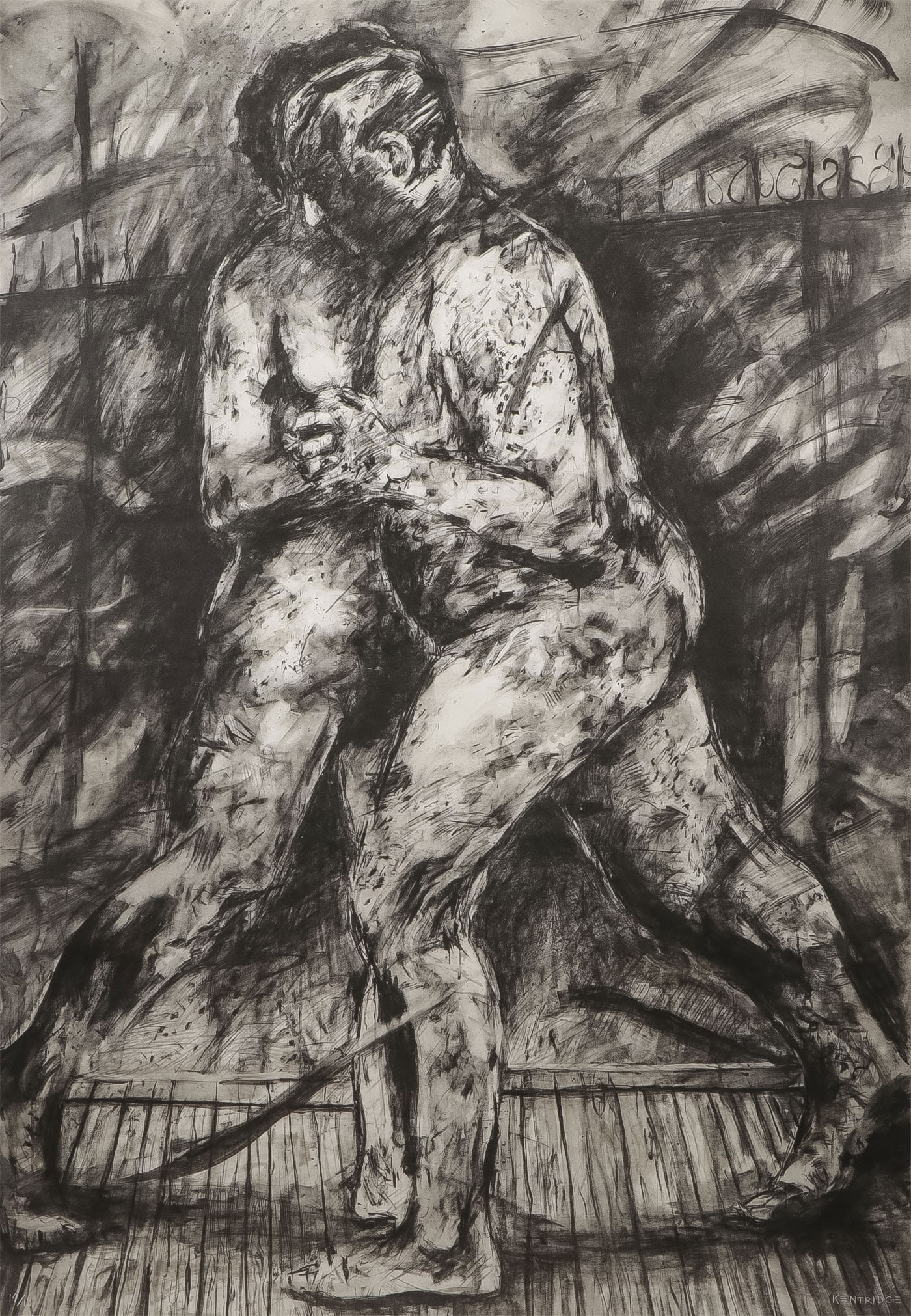 GREAT LARGE KENTRIDGE SIGNED WORK: WILLIAM KENTRIDGE (South African b.1955-)Middle-age Love -2002Offset lithograph from an edition of 18Signed lower right and editioned 14/18 lower leftSheet measures 74 x 51.6 inches, overall including