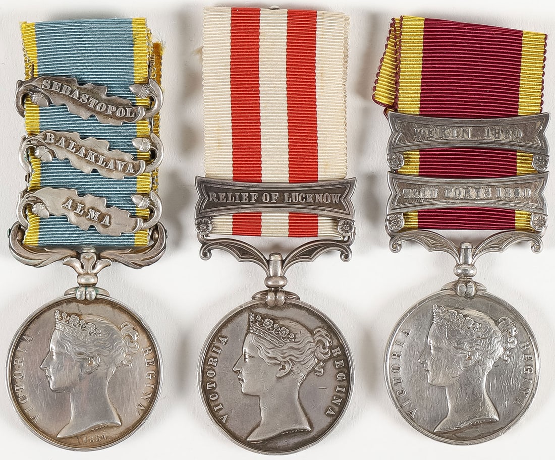 3 GREAT BRITISH NAMED MEDALS 19TH C: 3 GREAT BRITISH NAMED MEDALS 19TH C. Comprising a good Crimea War Medal with Sebastopol, Balaklava, and Alma bars, named to Pte. John Galloway 93rd Ft. An Indian Mutiny medal with Lucknow clasp named