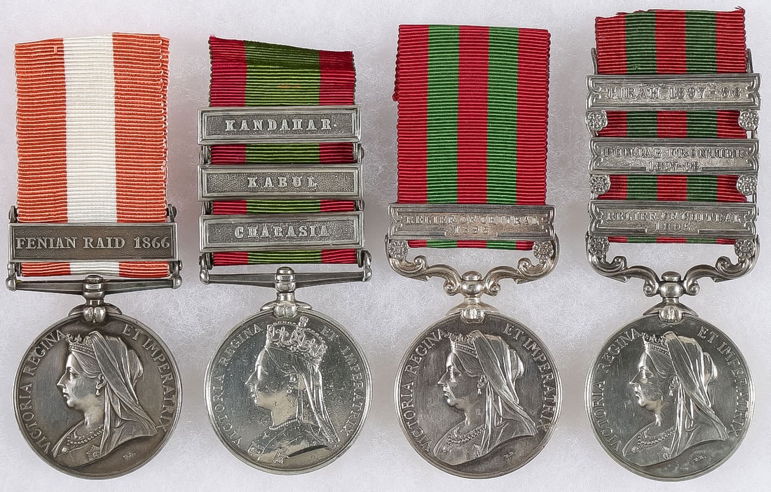 GOOD GROUP OF 4 NAMED BRITISH MEDALS, 19TH C: GOOD GROUP OF 4 NAMED BRITISH MEDALS, 19TH C. From left to right a Canadian General Service medal with Fenian Raid 1866 clasp, named to Pte. W. Jenkinson 22nd Oxford R., a 2nd Afghan War medal with Ka