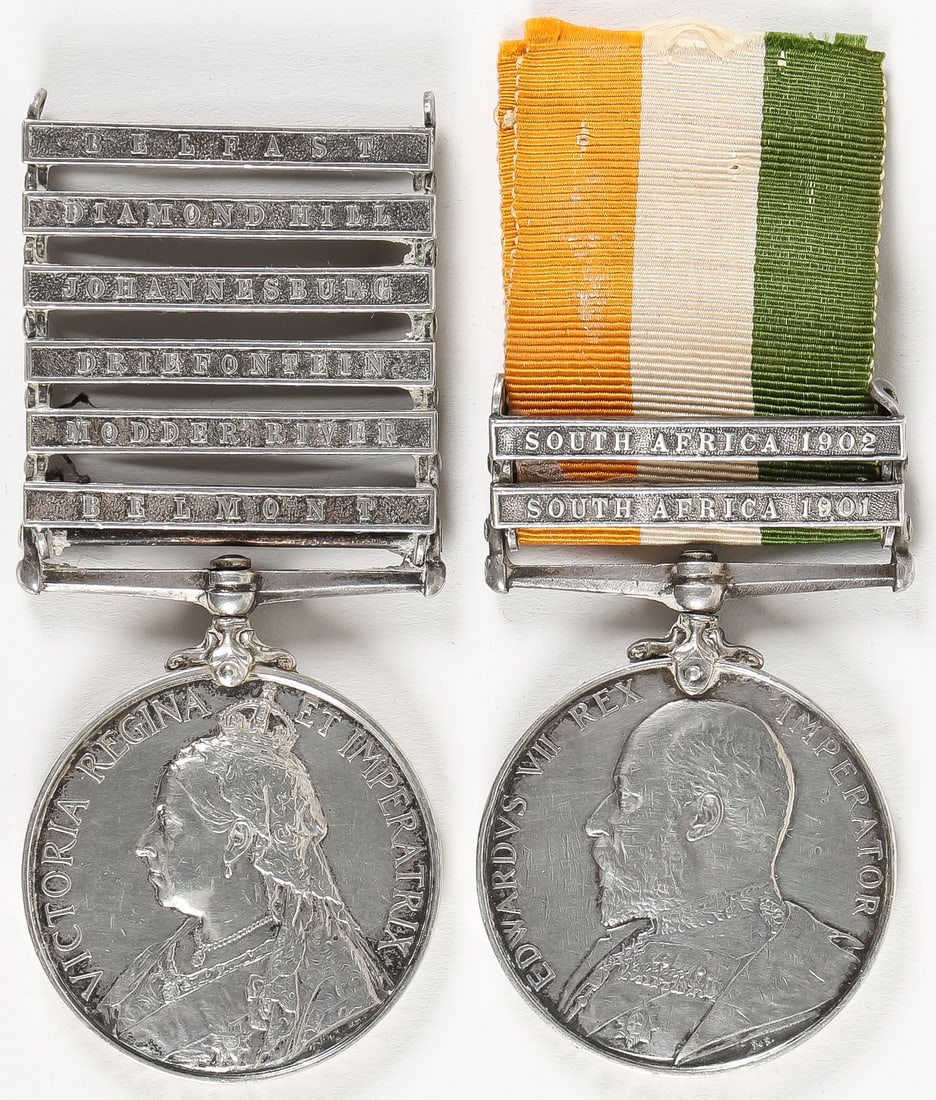 1ST & 2ND BOER WAR MEDALS TO SAME PERSON: 1ST & 2ND BOER WAR MEDALS TO SAME PERSON. Comprising a Queens South Africa medal with 5 clasps, BELFAST, DIAMOND HILL, JOHANNESBURG, DRIEFONTEIN, MODDER RIVER, AND BELMONT numbered 9313 and named to S