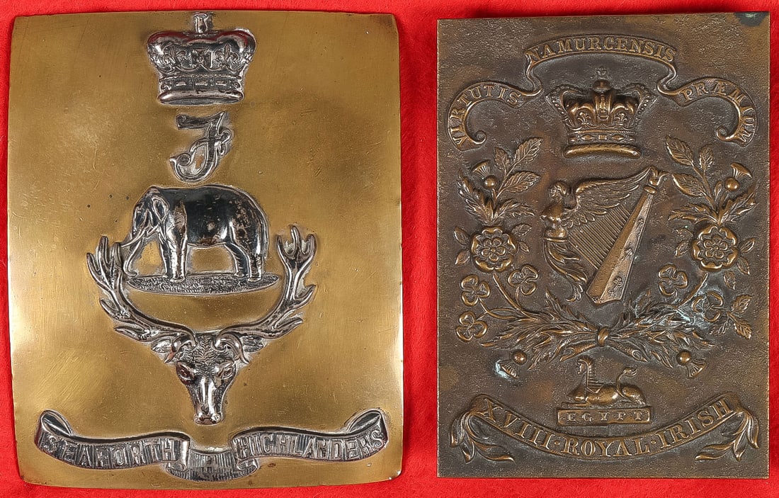PR BRITISH VICTORIAN BELT PLATES: PR BRITISH VICTORIAN BELT PLATES. Comprising a nice makers marked Seaforth Highlanders officers cross-belt plate, marked on verso "R.&H.B. KIRKWOODEDINBURGH." Height 4.1 inches. Together with a 18th R