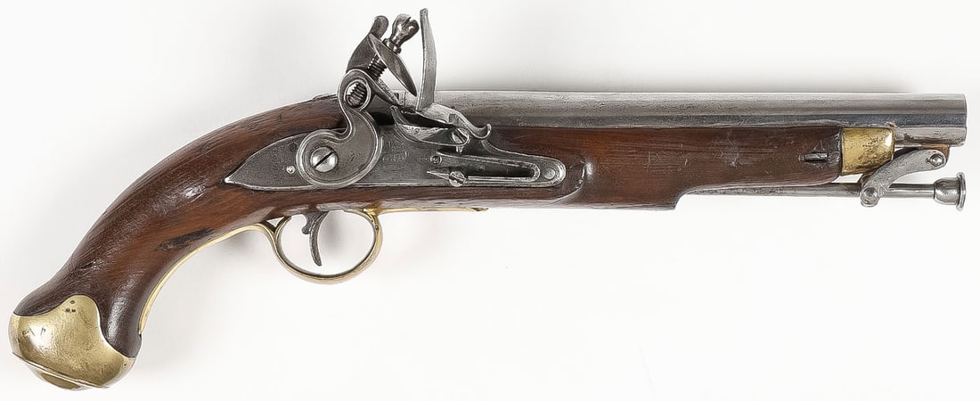 BRITISH NEW LAND PATTERN PISTOL REGT MARKED: BRITISH NEW LAND PATTERN PISTOL REGT MARKED. Comprising a scarce named, dated and regimentally marked Napoleonic War period New Land Pattern flintlock pistol. In .67 caliber, 9.75 inch smooth bore bar