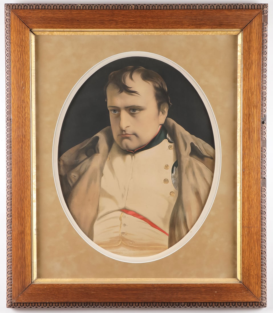GOOD 19TH C. NAPOLEAN FRAMED PORTRAIT: GOOD 19TH C. NAPOLEAN FRAMED PORTRAIT. Comprising a good hand-colored lithograph of Napolean after the painting by Paul Hippolyte Delaroche (French 1797-1856), printed in 1852. Contained in an attract
