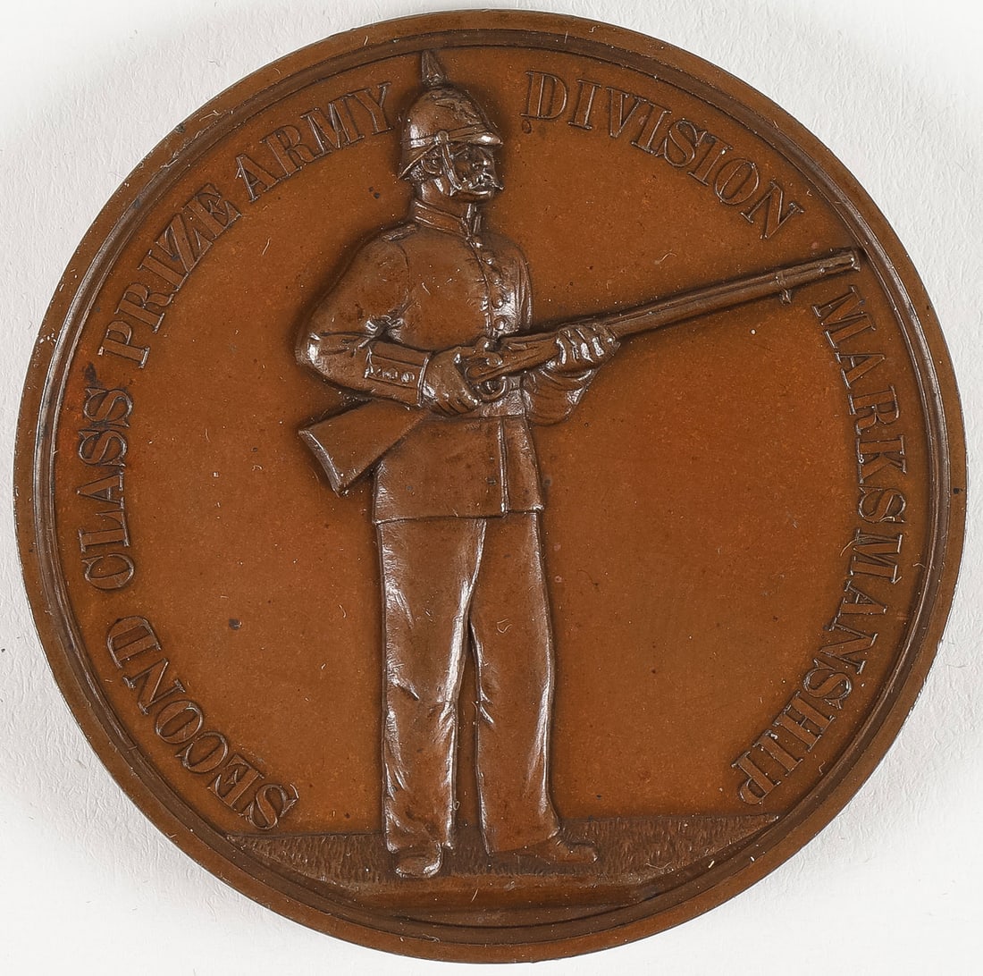 SCARCE U.S. 19TH C. MARKMANSHIP BRONZE MEDALLION: SCARCE U.S. 19TH C. MARKMANSHIP BRONZE MEDALLION. Comprising a very scarce circa 1882-1888 "SECOND CLASS PRIZE ARMY DIVISION MARKSMANSHIP" AWARD. Depicting a finely relief sculpted standing soldier, v