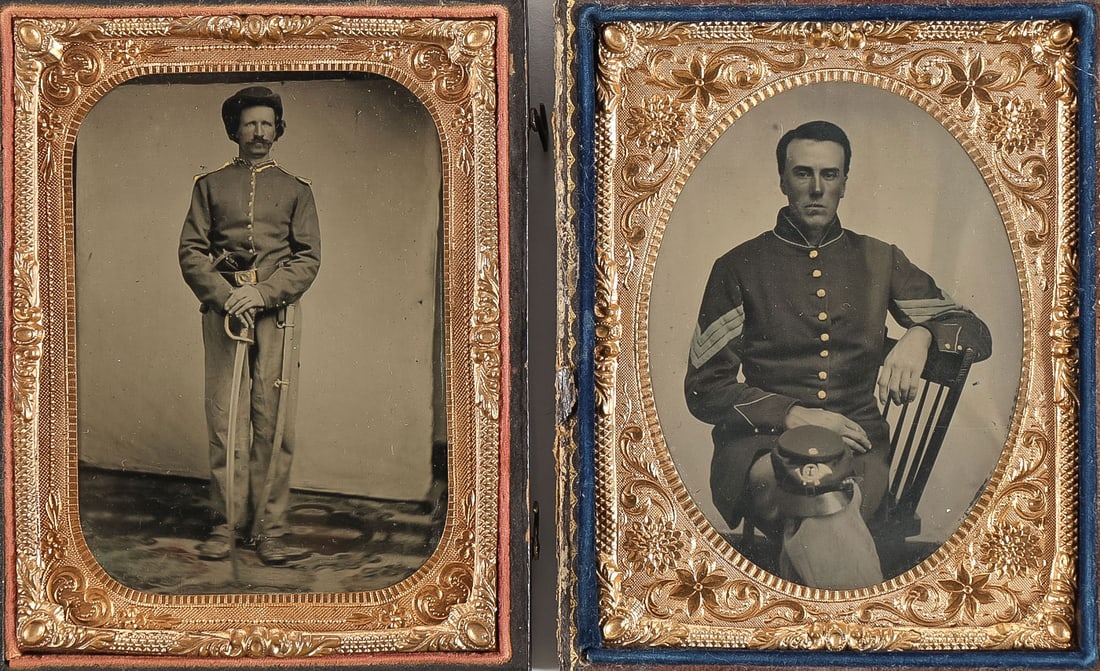 PAIR OF ¼ PLATE CIVIL WAR TINTYPES: PAIR OF ¼ PLATE CIVIL WAR TINTYPES. Comprising two ¼ plate Civil War tintypes, one depicting a full-length standing Union soldier with sword and pistol in belt, together with a seated Union