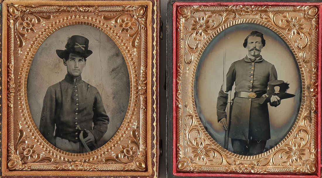PAIR OF CIVIL WAR TINTYPE SOLDIERS & HARDEE HATS: PAIR OF CIVIL WAR TINTYPE SOLDIERS & HARDEE HATS. Comprising a pair of 1/6 plate Civil War Union soldier tintypes depicting a soldier holding or wearing a Hardee hat. One case is missing its cover. Ca