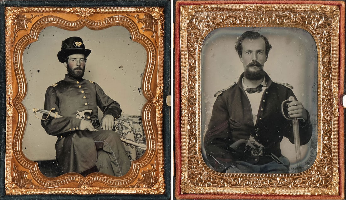 2 CIVIL WAR ARMED TINTYPES: 2 CIVIL WAR ARMED TINTYPES. Comprising a pair of 1/6 plate tintypes: one depicting a seated Union officer holding a sword with a revolver in his belt, contained in a Union case with patriotic crossed