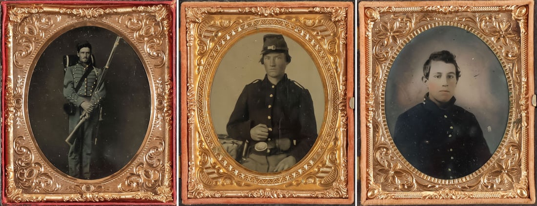 3 CIVIL WAR SOLDIER TINTYPES: 3 CIVIL WAR SOLDIER TINTYPES. Comprising three 1/6 plate tintypes: one tinted full-length image depicting an NCO soldier holding a rifle, possibly Confederate; a seated half-length image of a soldier
