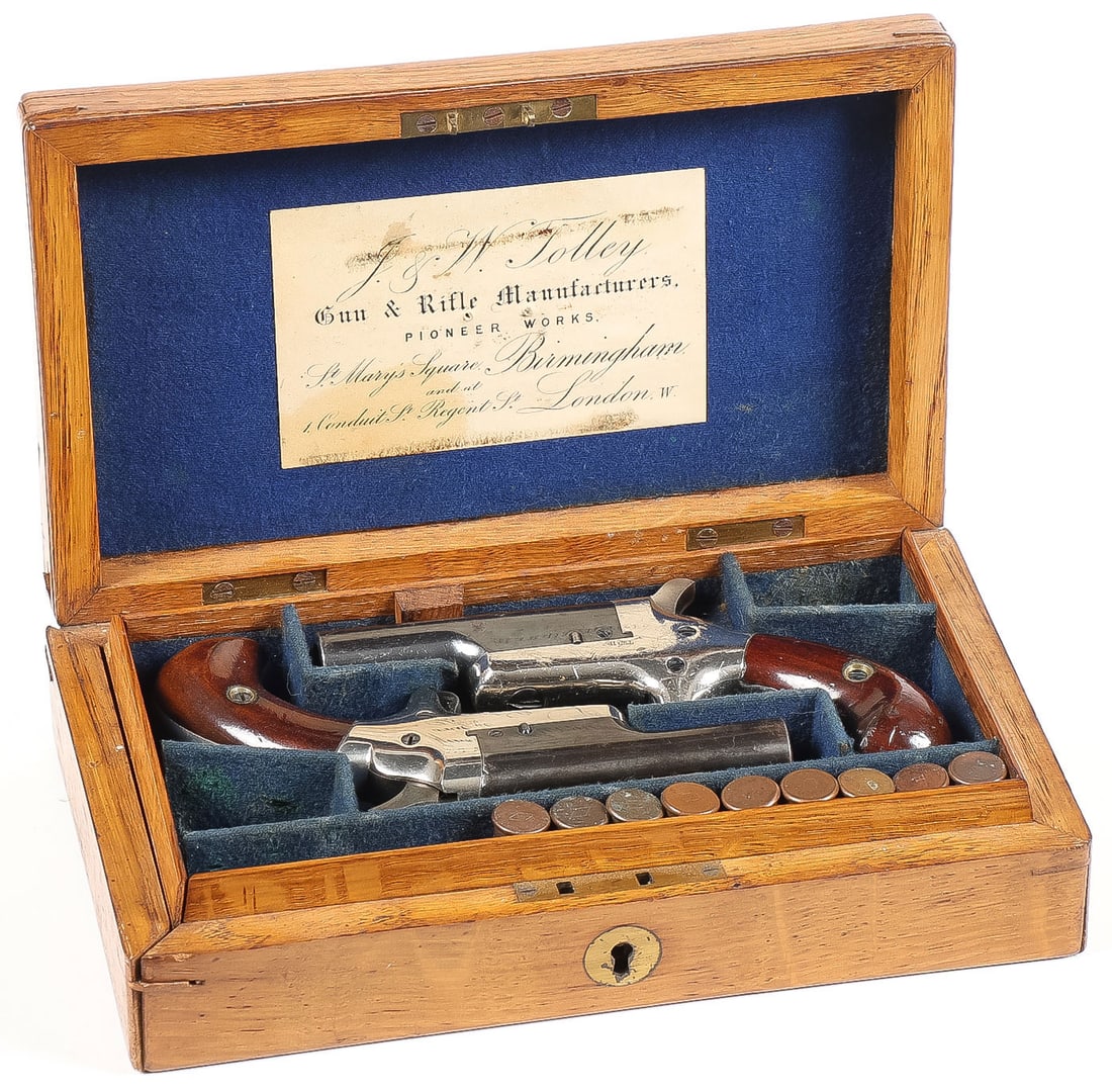 GREAT CASED SET OF COLT 3RD MODEL DERINGERS: GREAT CASED SET OF COLT 3RD MODEL DERINGERS. Comprising a good, cased set of matching Colt 3rd or standard model Deringers. Blued 2.5-inch side-pivoting barrels in .41 caliber, nickel-plated frames wi