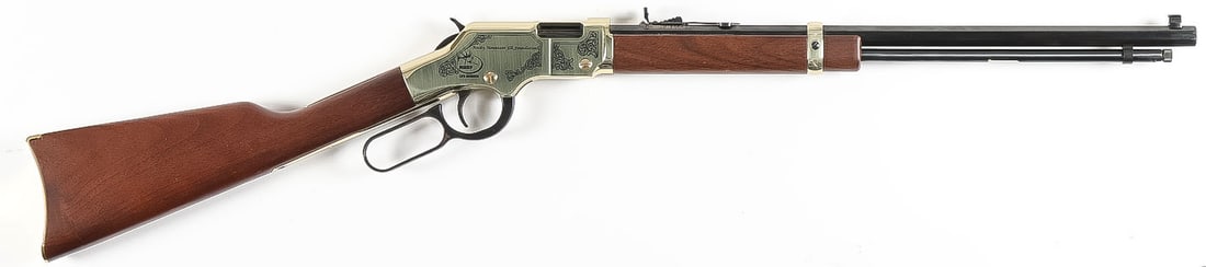 HENRY LEVER ACTION .22 CAL COMMEMORATIVE RIFLE: HENRY LEVER ACTION .22 CAL COMMEMORATIVE RIFLE. Comprising a RMEF (Rocky Mountain Elk Foundation) Henry Repeating Arms, lever action commemorative rifle in .22 cal., 19-inch octagon barrel, with gilt