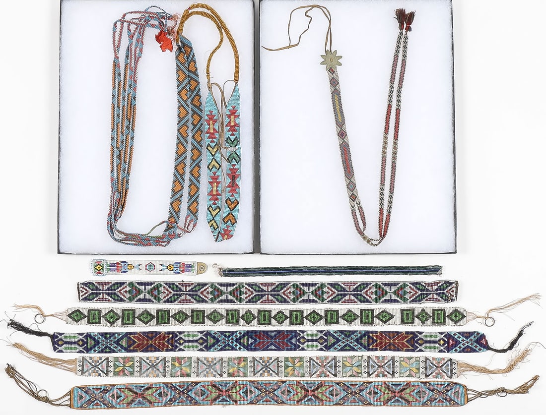 NATIVE AMERICAN BEADED SASHES: NATIVE AMERICAN BEADED SASHES. Comprising six loom-beaded sashes and a good vintage Southwest beaded hair drop with first phase-style silver engraved star and pom-pom drops and tanned leather laces, l