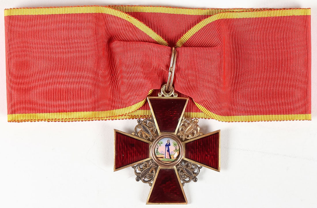 IMPERIAL RUSSIAN GOLD & ENAMEL ORDER OF ST. ANNE: IMPERIAL RUSSIAN GOLD & ENAMEL ORDER OF ST. ANNE. Comprising a finely crafted and dated Order of St. Anne, 2nd Class, in gold and painted and translucent enamel. The eyelet stamped with 56 gold standa