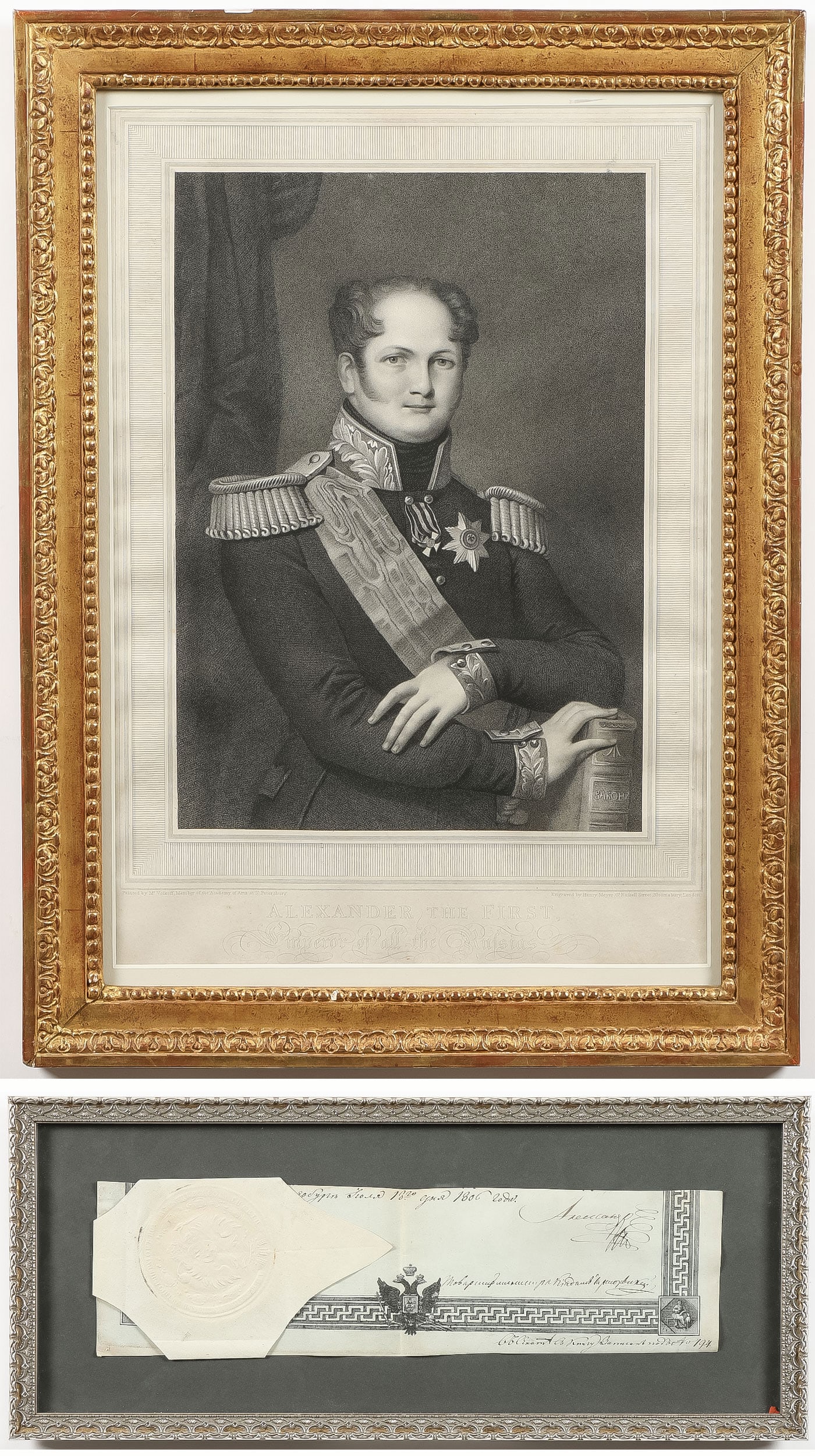 TSAR ALEXANDER I AUTOGRAPH & VINTAGE PORTRAIT: TSAR ALEXANDER I AUTOGRAPH & VINTAGE PORTRAIT. Comprising a bold signature (lower right) Alexander, from the foot of an official vellum document with finely engraved border including the double headed