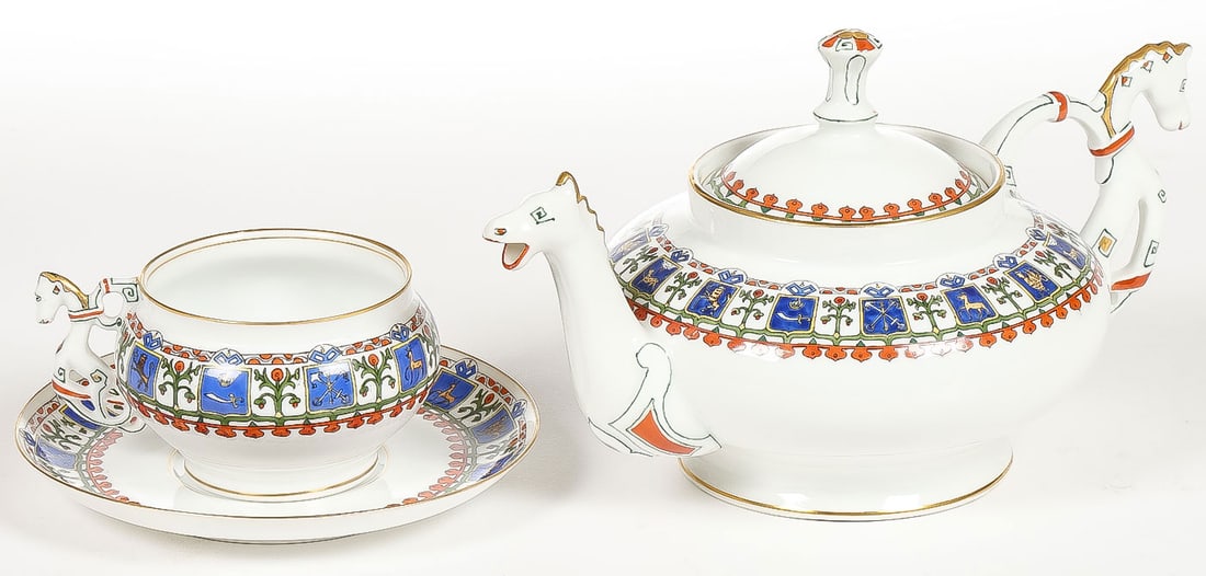 SPECTACULAR RUSSIAN KORNILOV TEA SET: SPECTACULAR RUSSIAN KORNILOV TEA SET. Comprising a spectacular Kornilov matching teapot, cup, and saucer in the Pan-Slavic style. The teapot modeled with open-mouth horsehead spout and scroll horsehea