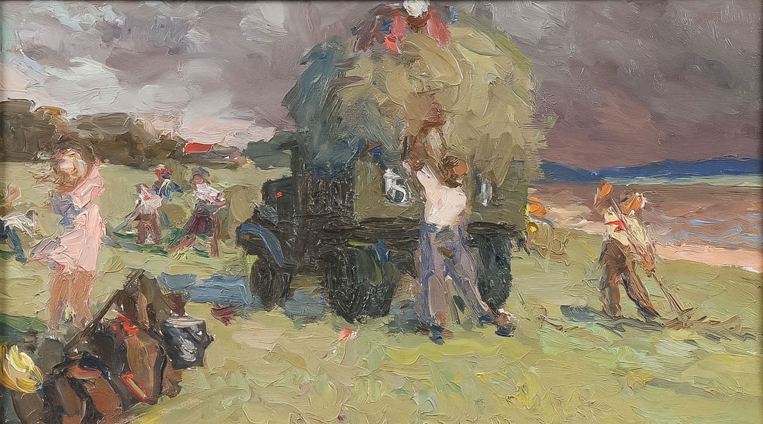BEAUTIFUL RUSSIAN IMPRESSIONISTIC PAINTING: RUSSIAN SCHOOL (20th century)A Harvest Scene - c. 1950Oil on card stockUnsigned, inscribed on verso in Russian with title "Harvesting"6.5 x 11.5 inches (16.5 x 29cm). Overall including frame 13.5 x
