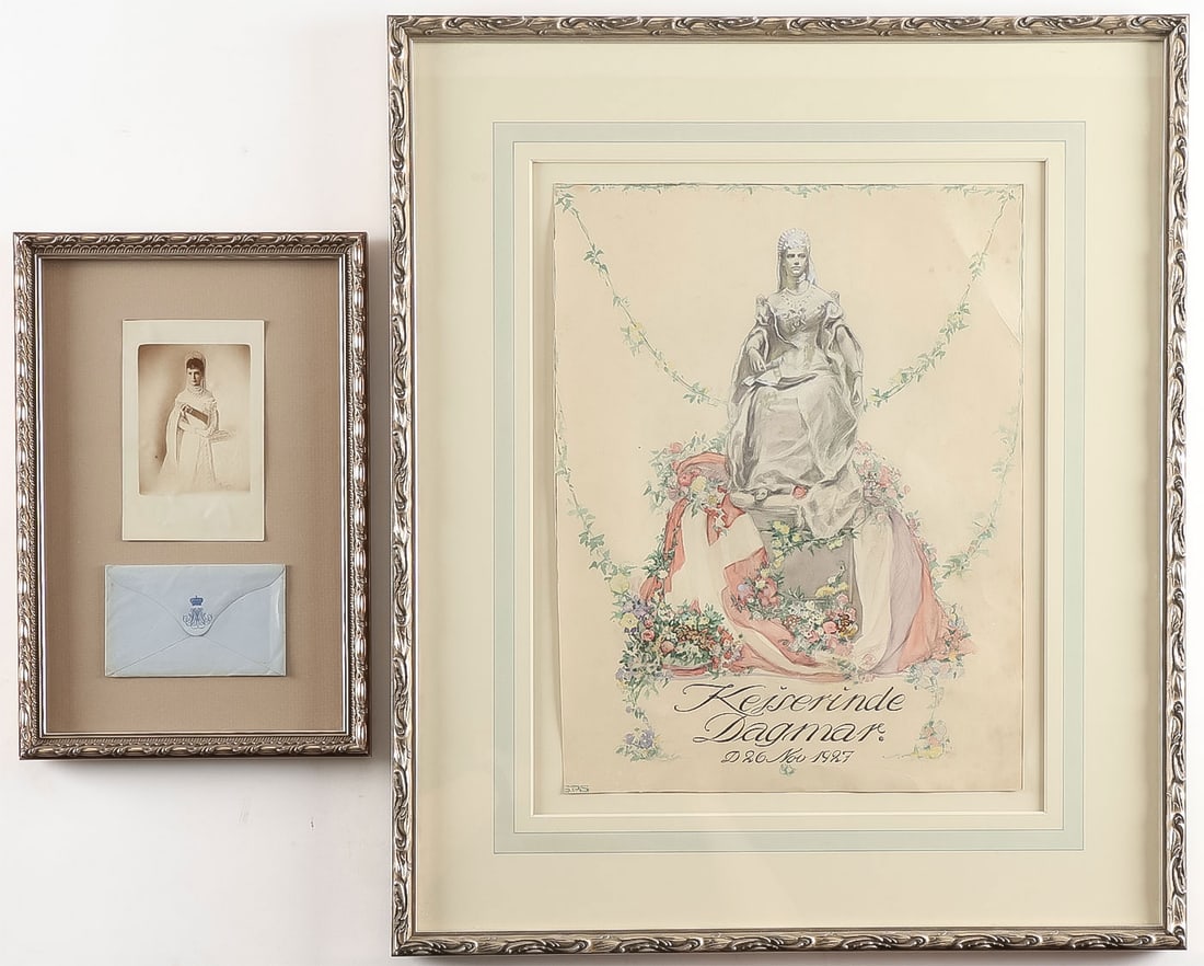 RUSSIAN EMPRESS MARIA FEODOROVNA PHOTO & PAINTING: RUSSIAN EMPRESS MARIA FEODOROVNA PHOTO & PAINTING. Comprising a circa 1885 photo of the Empress in Court dress above an envelope from the personal stationery of her first cousin Princess Mary Adelaide