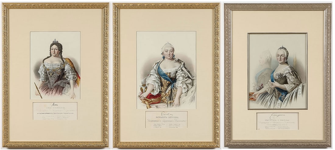 3 COLOR LITHOGRAPHS OF RUSSIAN EMPRESSES: 3 COLOR LITHOGRAPHS OF RUSSIAN EMPRESSES. Comprising three fine hand-colored lithographs depicting Empresses, circa 1860, including Empress Anna, Empress Elisabeth, and Catherine the Great. Beneath ea