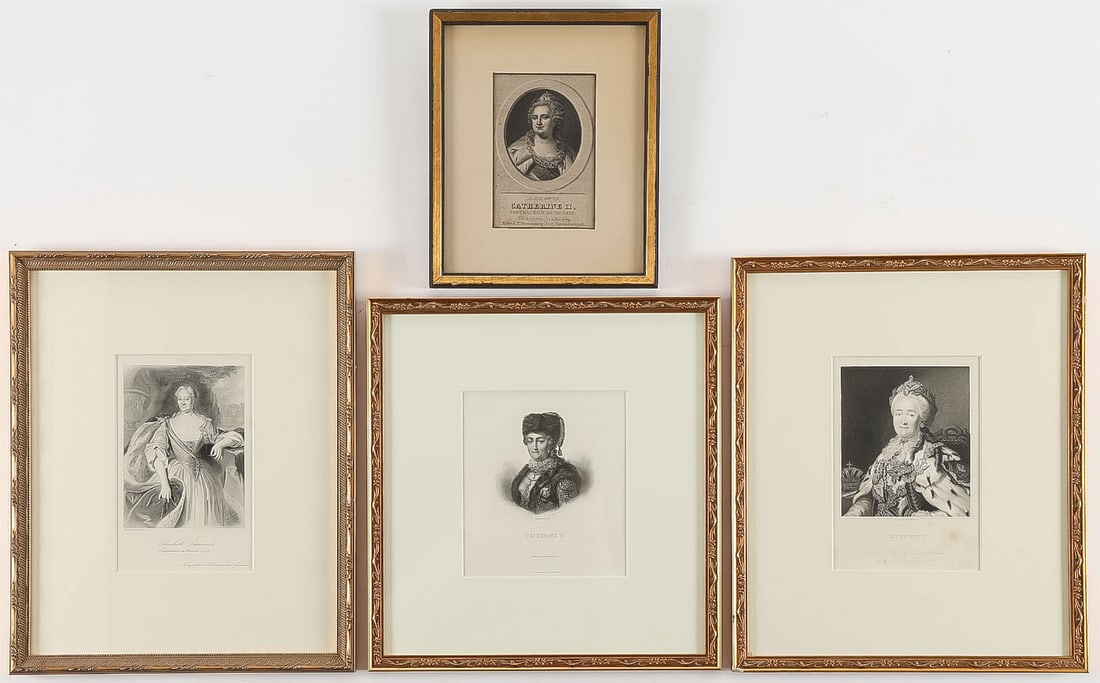 4 VINTAGE ENGRAVINGS OF RUSSIAN EMPRESSES: 4 VINTAGE ENGRAVINGS OF RUSSIAN EMPRESSES. Comprising three framed engravings depicting Catherine the Great, each in a gilt glazed frame as shown. Together with a framed engraving of Empress Elisabet