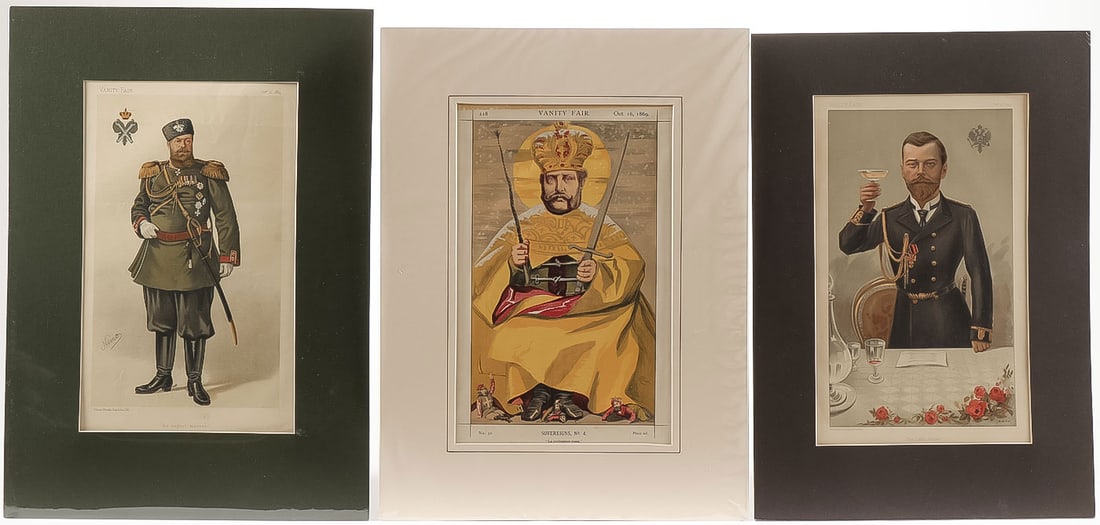 IMPERIAL RUSSIAN VANITY FAIR PRINTS: IMPERIAL RUSSIAN VANITY FAIR PRINTS. Comprising 9 vintage Vanity Fair color lithograph prints depicting various Russian royalty, including two Alexander II prints dated 1869; two Tsar Alexander III pr