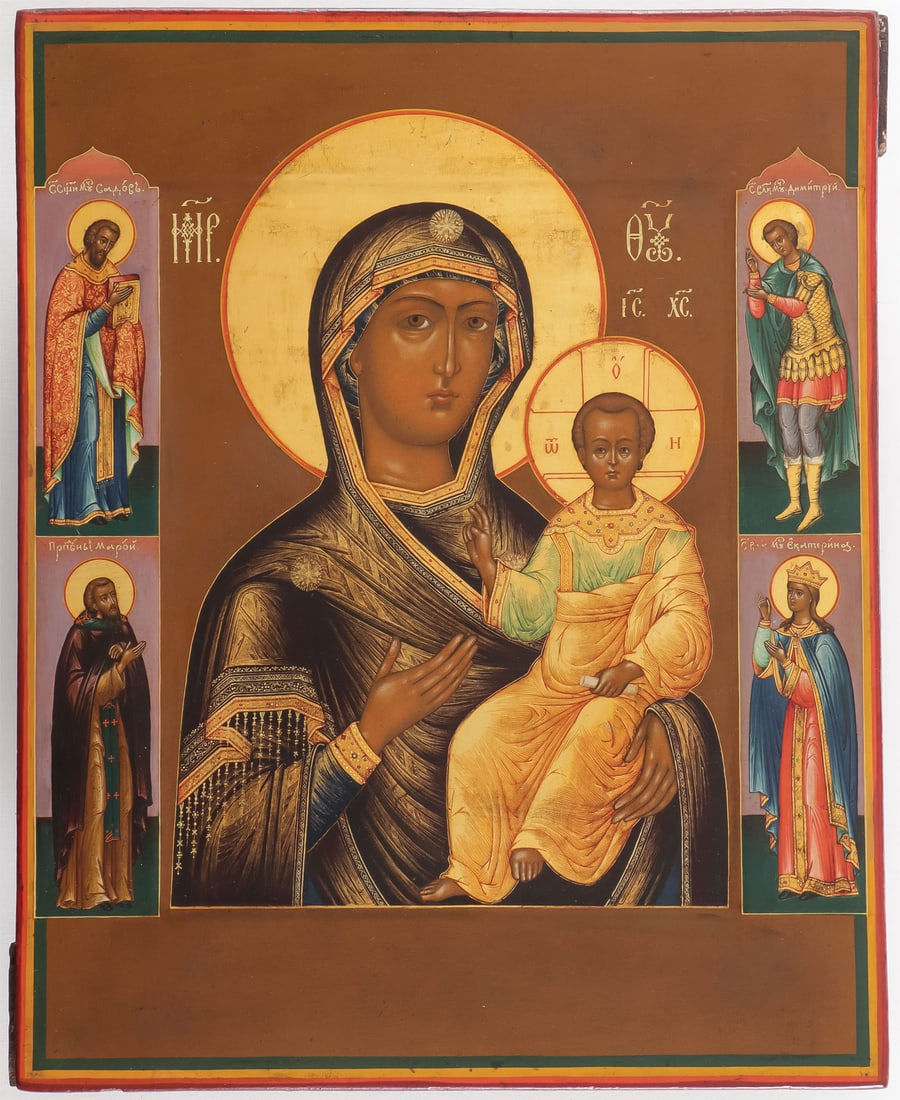 VERY FINE RUSSIAN ICON, GURIANOV, C. 1890: VERY FINE RUSSIAN ICON, GURIANOV, C. 1890. Comprising an exquisitely painted icon of the Smolensk Mother of God, attributed to Vasily Pavlovich Gurianov (1867-1920). The flesh of the Virgin and child