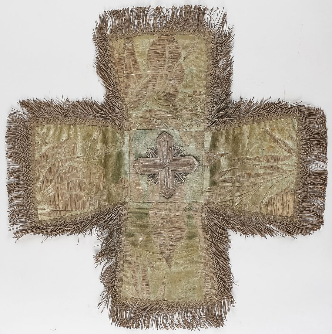 RUSSIAN SILVER EMBROIDERED CHALICE COVER, 19TH C: RUSSIAN SILVER EMBROIDERED CHALICE COVER, 19TH C. Of traditional design, centered with padded silver cross and silver fringe. 19 x 19 inches (48 x 48cm).SHIPPING NOTICE:If you are not using the Liv