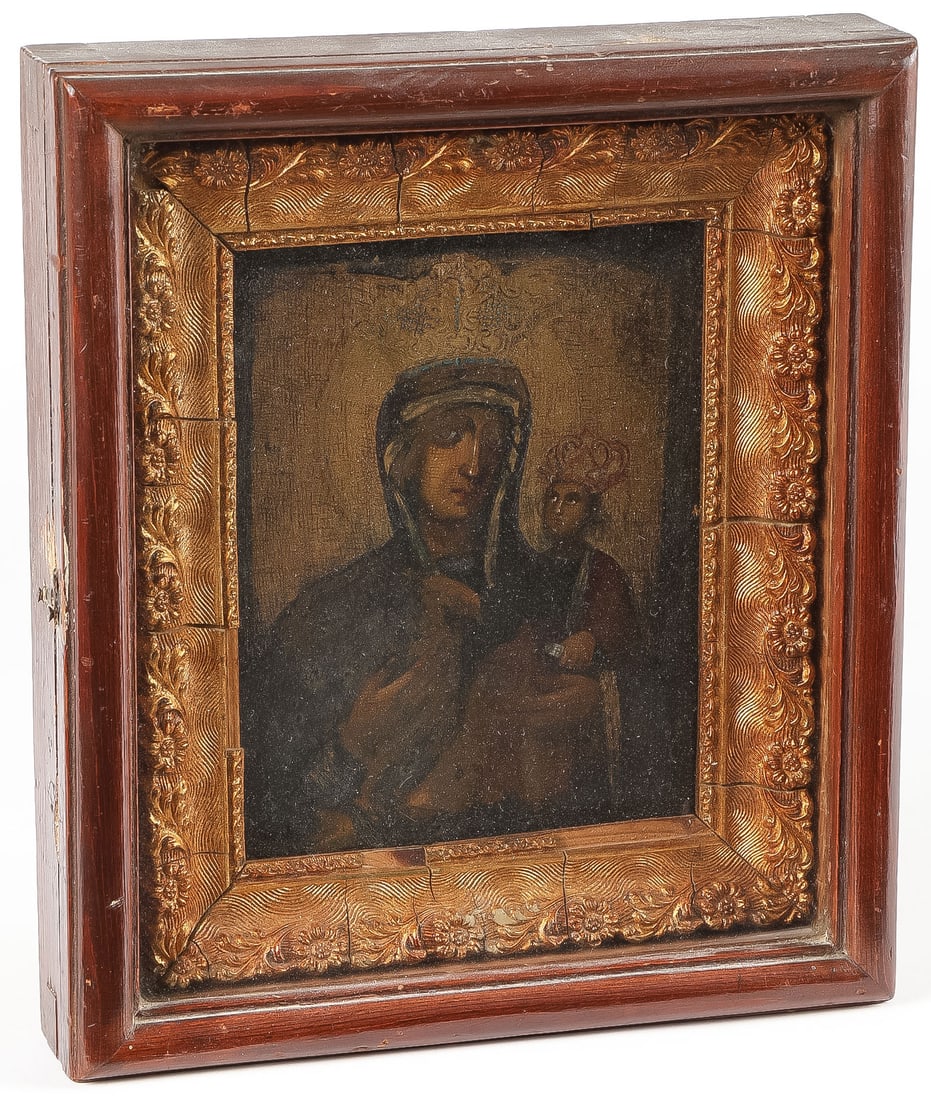 A RUSSIAN ICON, 19TH C: A RUSSIAN ICON, 19TH C. Comprising a Russian icon of The Mother of God, contained in a glazed shadowbox frame. The icon 6 x 5 inches (15 x 13cm). Overall, including kiot, 9.75 x 8.75 inches (24.5 x 2