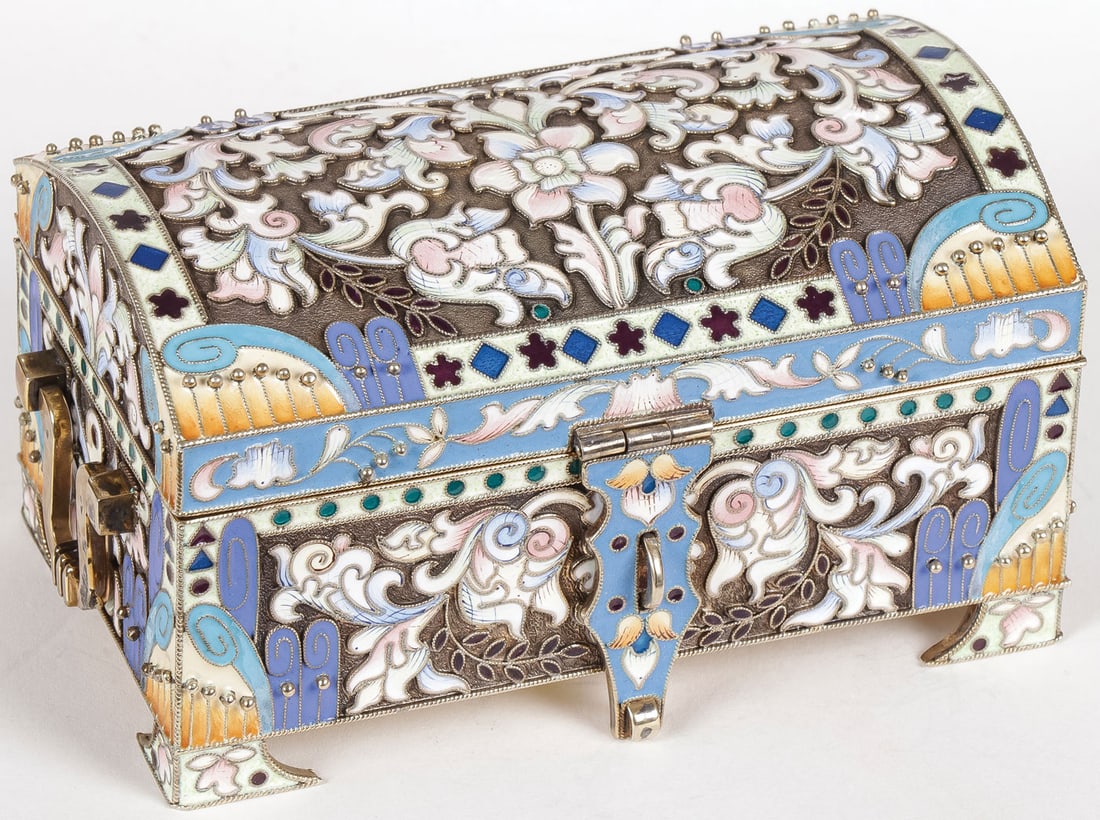 BEAUTIFUL RUSSIAN SILVER & ENAMELED CASKET: BEAUTIFUL RUSSIAN SILVER & ENAMELED CASKET. Comprising a heavy and finely crafted casket in the Pan Slavic style, overall decorated in shaded enamel and beading on a stippled gilt ground with swivel s