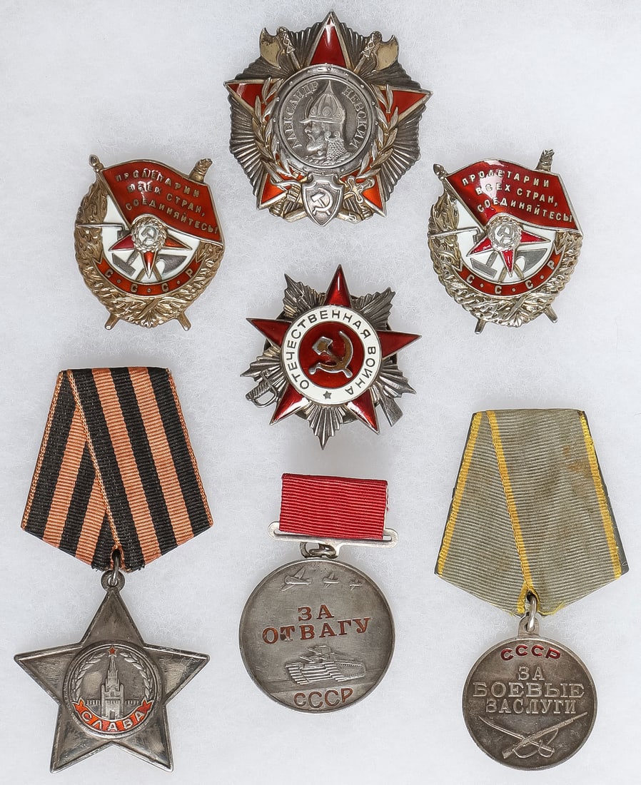 7 GREAT RUSSIAN SOVIET ORDERS & MEDALS GROUP: 7 GREAT RUSSIAN SOVIET ORDERS & MEDALS GROUP. From top to bottom, left to right: a good type 3 Order of Aleksander Nevsky, Monetny Dvor mint mark, numbered 17130; a type 2 Order of the Red Banner, scr