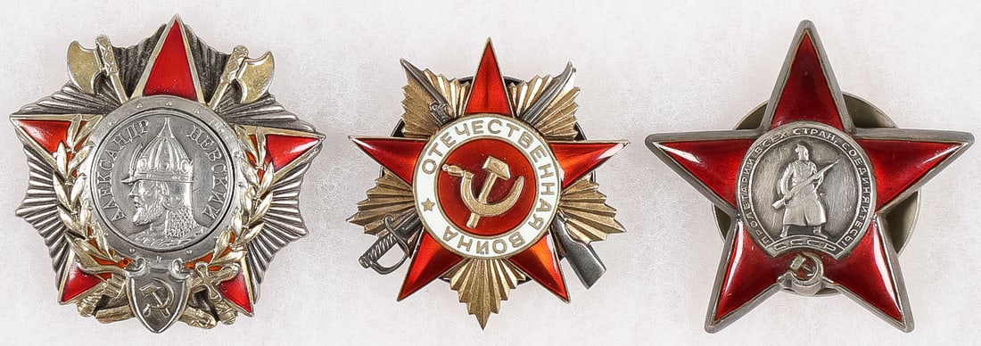 WWII SOVIET ORDER OF ALEXANDER NEVSKY & 2 OTHERS: WWII SOVIET ORDER OF ALEXANDER NEVSKY & 2 OTHERS. Comprising three Soviet WWII period orders with Archival Reference documents. Including a type 2, four-piece Order of Alexander Nevsky, numbered 10188